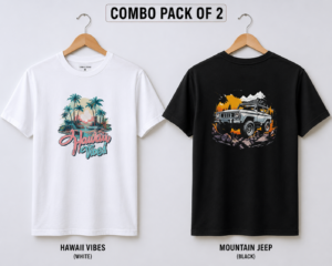 Men's T-Shirt Combo Pack of 2 (Hawaii Vibes + Mountain Jeep